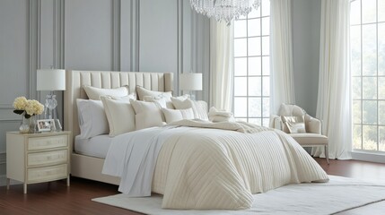 Elegant and calming bedroom featuring luxury bedding and bright natural light