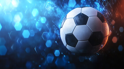 Naklejka premium Soccer Ball Black and White Hexagons on a Dark Blue Background with Bokeh Effect Lighting