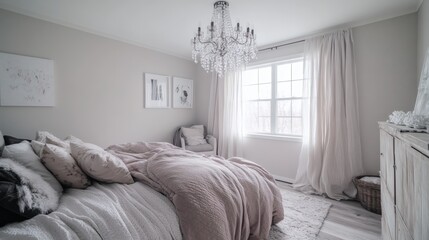 Elegant bedroom with crystal chandelier, cozy textiles and soothing color palette