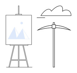 Canvas on easel displaying geometric mountain art, simple cloud above, and pickaxe tool highlighting creative and resourceful themes. Ideal for art, creativity, innovation, exploration, nature