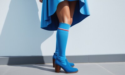 Fashionable blue ensemble with knee high socks and heels against white background