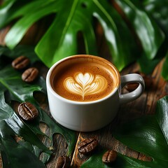 A beautiful cup of coffee with latte art and beans