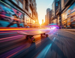 Obraz premium Skateboard Speeding Through City Street at Sunset with Vibrant Light Trails