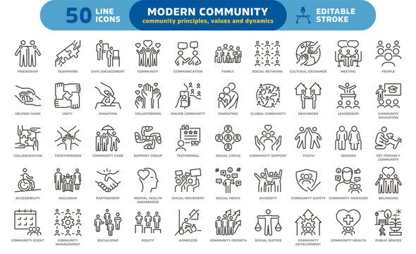 Community and social connections icon set. Thin line editable stroke icons for teamwork, communication, diversity, inclusion, development, volunteering, wellbeing and sustainable growth