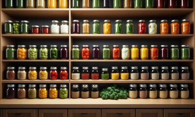 Naklejka premium Colorful jarred preserves and pickles in pantry shelves with fresh vegetables
