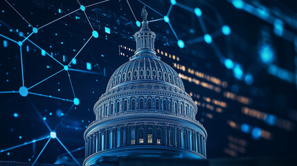 Digital Capitol: A striking visual of the US Capitol building is overlaid with an abstract digital network, creating a juxtaposition of the tangible and the technological.