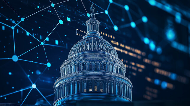Digital Capitol: A striking visual of the US Capitol building is overlaid with an abstract digital network, creating a juxtaposition of the tangible and the technological. - Powered by Adobe