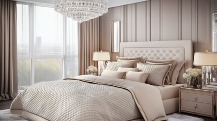 Elegant bedroom interior showcasing luxurious bedding and modern design elements