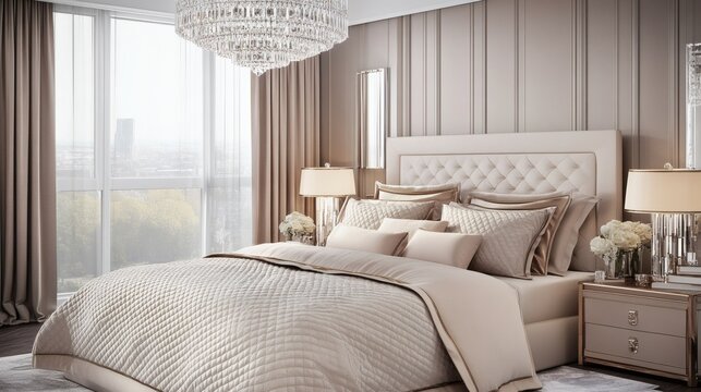 Elegant bedroom interior showcasing luxurious bedding and modern design elements