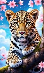 Obraz premium Majestic leopard among blossoms on a bright spring day