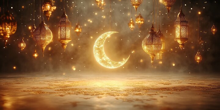 Golden lanterns and crescent moon illuminate a festive backdrop