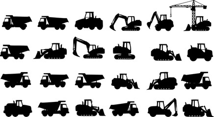 Set of silhouette of heavy construction vehicle. black and white icon truck. vector vset