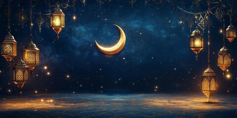 Fototapeta premium Golden crescent moon glows amidst ornate lanterns and sparkling stars