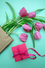 Mother day gift. Tulip flower bunch on pastel green. Fresh pink flowers bouquet. Spring, women day