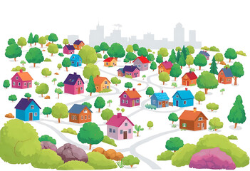 Fototapeta premium Charming Suburban Neighborhood Illustration Colorful Houses Trees Landscape White Background