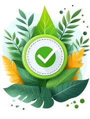Green Checkmark Eco Leaves Badge.