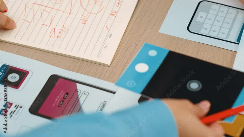Poster panorama video of startup ux developer or company employee design user interface or ui prototype for