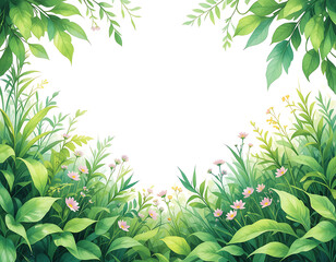 Obraz premium Vibrant Spring Meadow: Lush Green Foliage and Delicate Pink Flowers Frame a White Background