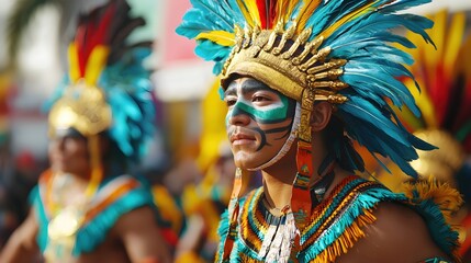 Fototapeta premium Vibrant Indigenous Dancer with Colorful Feathers and Face Paint