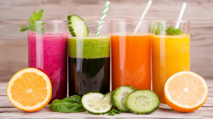 Fototapeta premium Rainbow of Refreshment: An array of vibrant fruit and vegetable juices, each in its unique hue, presented alongside their fresh ingredients.