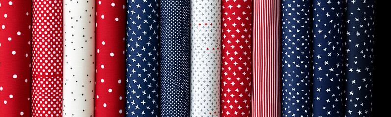 Fototapeta premium Patterns in Rolls: An eye-level, close-up view shows a diverse array of fabric rolls, each boasting a unique design. With an emphasis on texture and color.