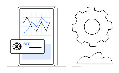 Smartphone screen showing Bitcoin chart, currency details, gearwheel for settings, and abstract cloud. Ideal for cryptocurrency, fintech, technology, data analysis blockchain trading apps. Flat
