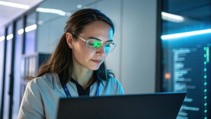 Women In Tech Concept. Focused Woman Analyzing Server Data, Concentrated Expression, Modern Tech Environment, Deep in Work, Problem Solving, Cybersecurity Professional