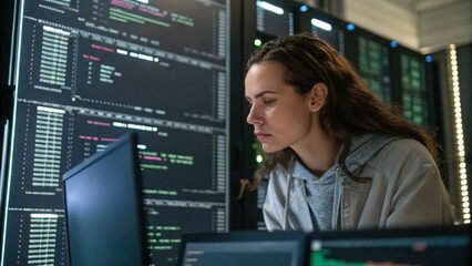 Women In Tech Concept. Focused programmer intently reviewing code on multiple screens in a server room, deeply immersed in problem-solving.