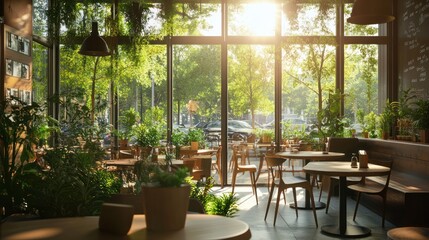 Fototapeta premium Bright, modern cafe with abundant greenery, sunlight streams through large windows, offering a serene atmosphere