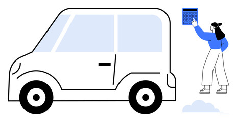 Woman holding a calculator standing beside a simple car graphic, representing budgeting, transportation, or travel planning. Ideal for finance, mobility, automotive, eco-friendly transport, savings