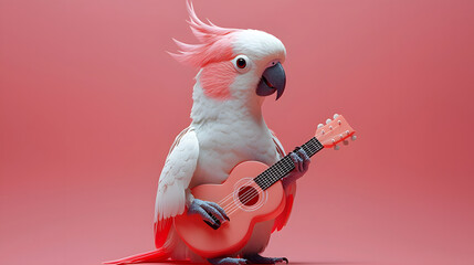 Pixel Art Cockatoo Playing Pink Ukulele on Pink Background