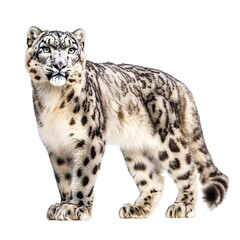 Fototapeta premium A realistic portrait of a snow leopard standing in side view, isolated on a white background. A powerful yet graceful snow leopard with a thick, luxurious pale grey coat patterned with dark rosettes, 