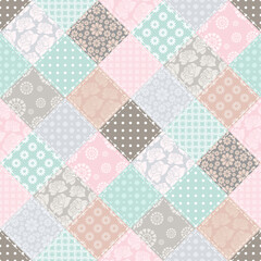 Patchwork print wallpaper background with different patterns quilting hobby craft handmade	


