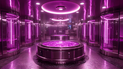 Futuristic sci-fi laboratory with glowing purple lighting. Perfect for game environments or concept art. Imagine a sleek bio-research facility.