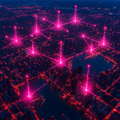 Aerial view of a cityscape with glowing pink connections suggesting data flow. Ideal for tech presentations showcasing network infrastructure or smart city concepts.