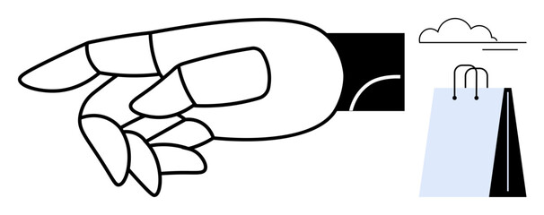 Hand reaching in gesture toward a light blue shopping bag alongside a minimalist cloud. Ideal for shopping, consumer behavior, retail, e-commerce, lifestyle, decision-making, purchasing. Flat simple