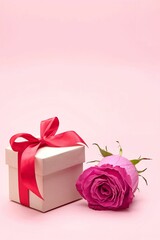 Gift box with pink rose on background