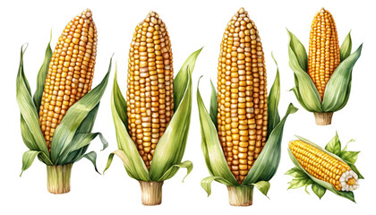 Obraz premium Watercolor Illustration of Golden Corn Ears with Green Leaves on Transparent Background