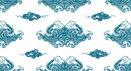 asian wave border. cloud pattern tile. water sea waves vector set