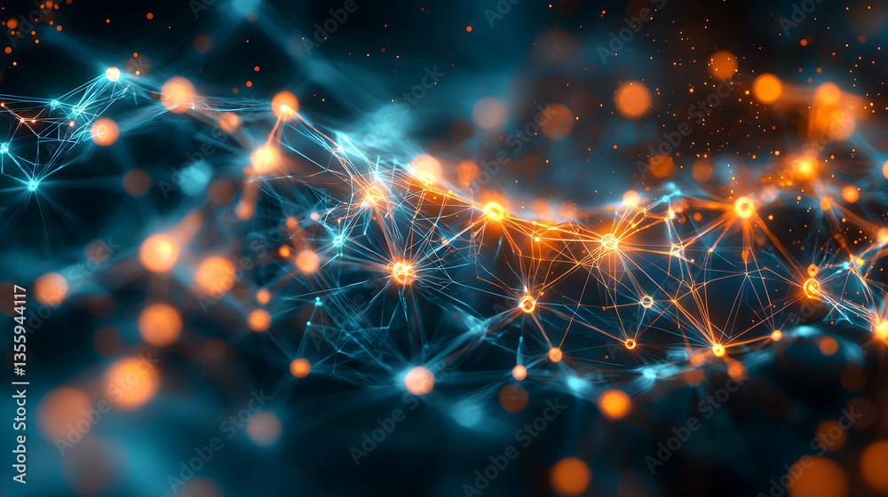 Poster abstract digital illustration of interconnected nodes representing data flow. suitable for tech pres