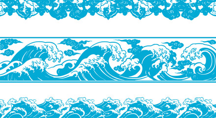 asian wave border. cloud pattern tile. water sea waves vector set