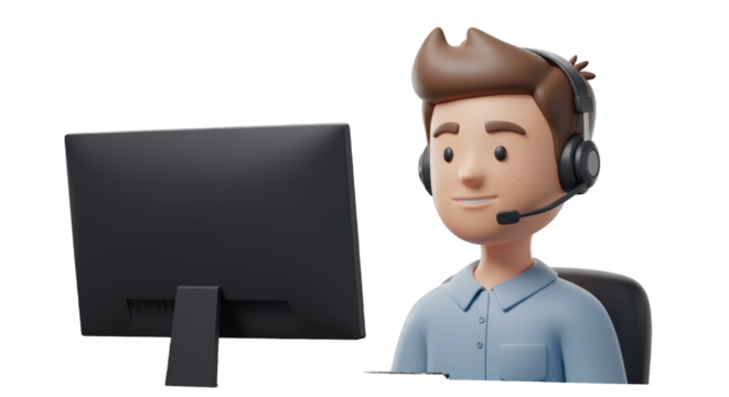 Isolated Man with Headset Working on Computer