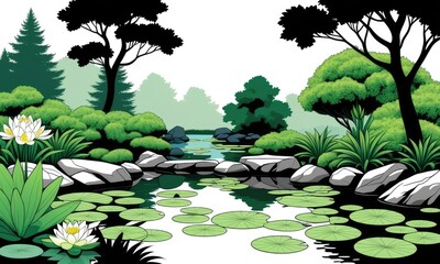 Fototapeta premium Tranquil japanese garden with lily pads and evergreen trees