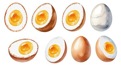 Watercolor Illustration of Various Boiled Eggs with Different Cooking Stages on White Background