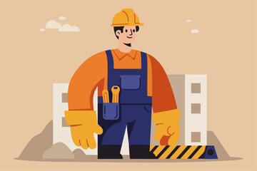 Construction Worker Illustration with Tools and Safety Gear