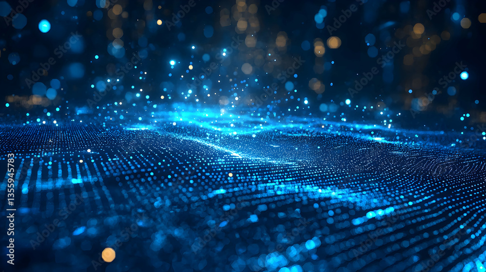 Poster abstract digital data visualization with glowing blue and gold particles. suitable for tech presenta