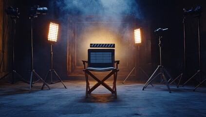 cinema set with director chair and clapper board bathed in spotlight with a smoky film noir feel