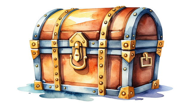 recommend clip art: Watercolor Painting Of An Antique Wooden Treasure Chest With Gold And Metal Accents