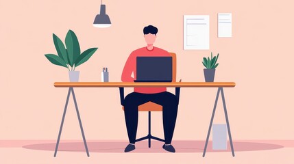 Pixel Art Illustration of Man Working on Laptop at Desk