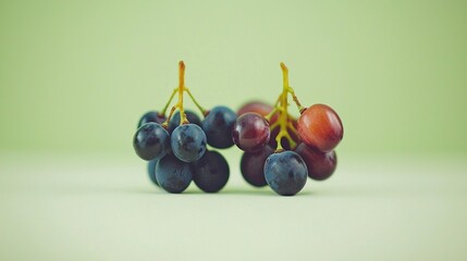 Two bunches of ripe grapes, dark and light, on a muted green background